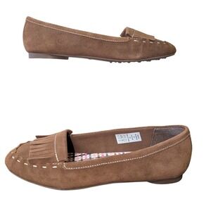 Lands End Women's 6.5 Wide Brown Saddle Suede Casual Fringe Moccasin Slip On